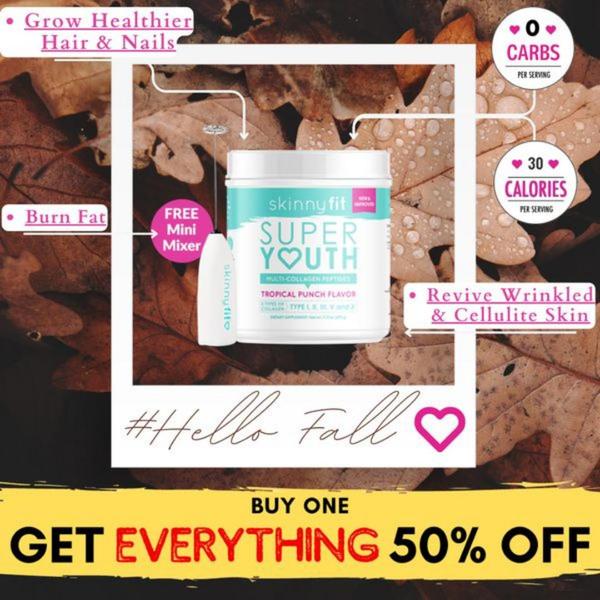 A square-format static ad featuring a Collagen Peptide jar with benefit-led annotations and a clear seasonal promotion.